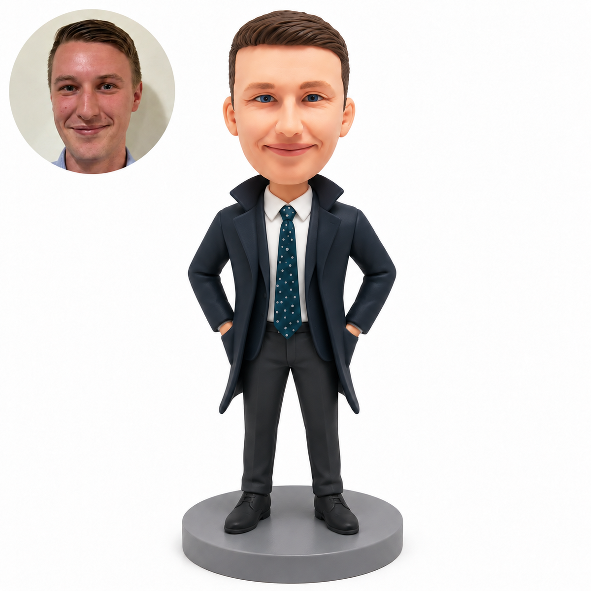 custom bobblehead figure man in a long open coat and tie with both hands in pockets
