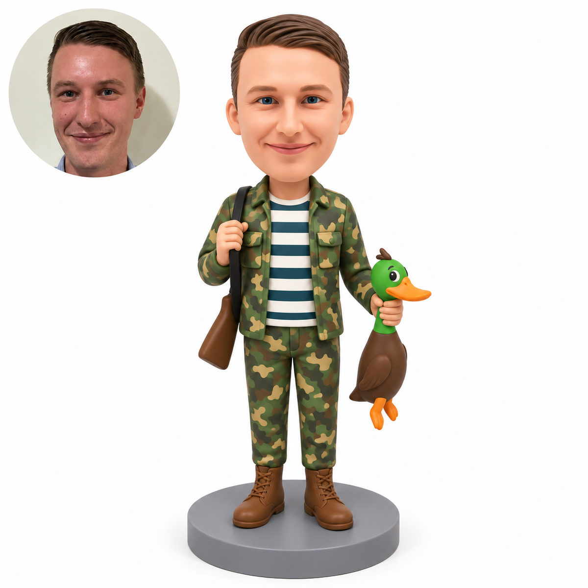 custom bobblehead figure male hunter carrying a slung gun and holding an upright duck
