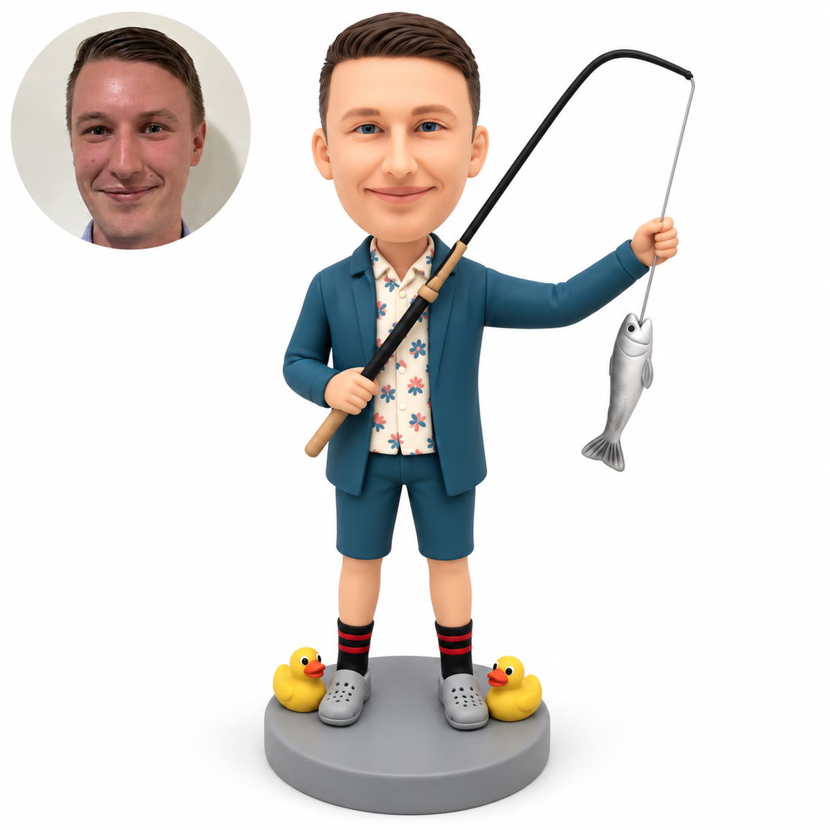 custom bobblehead figure male angler holding a bent fishing rod and raising a line with a fish