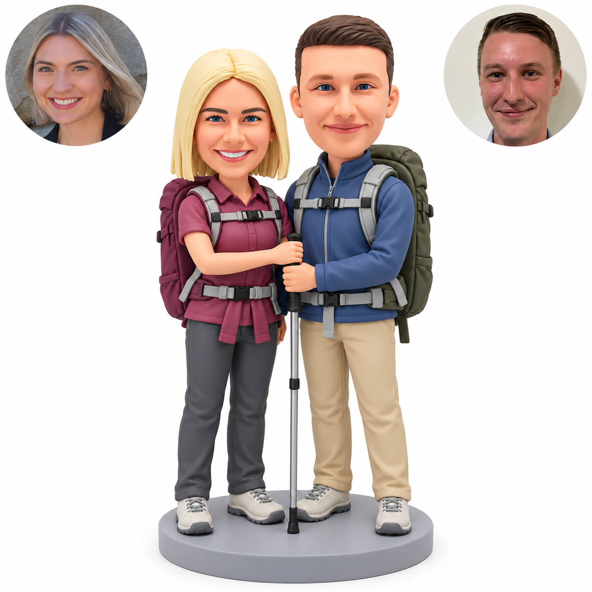 custom bobblehead figures hiking couple with backpacks sharing one upright trekking pole