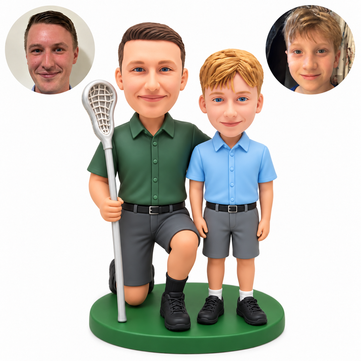 custom bobblehead figures father kneeling beside his son with an upright lacrosse stick