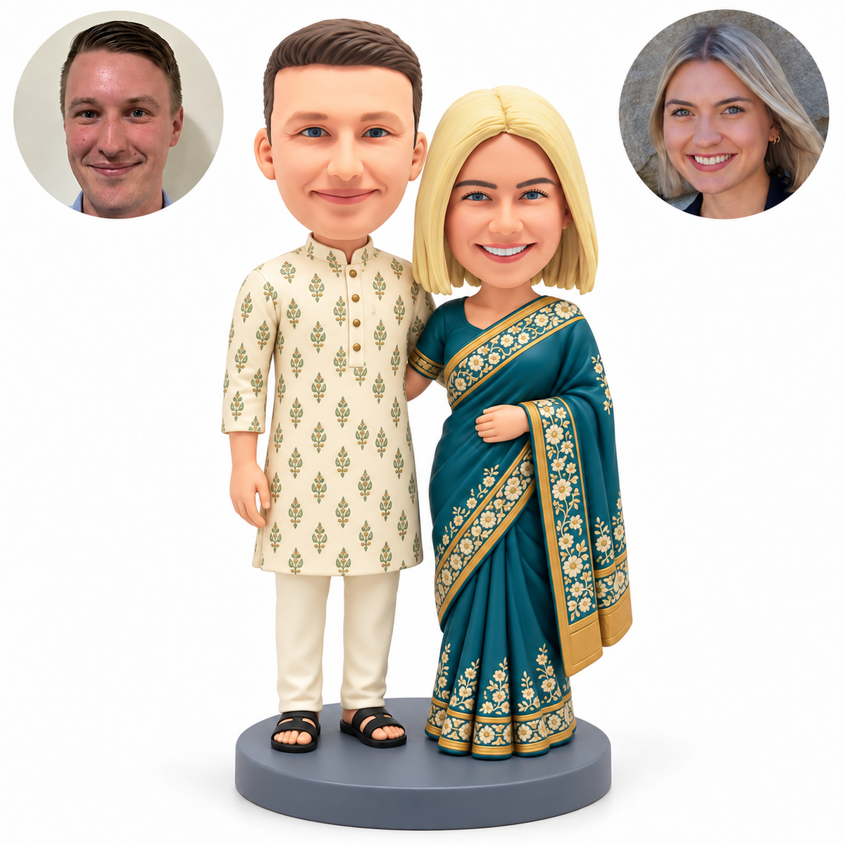 custom bobblehead figures couple in a kurta and sari with a waist embrace and her hand at her abdomen