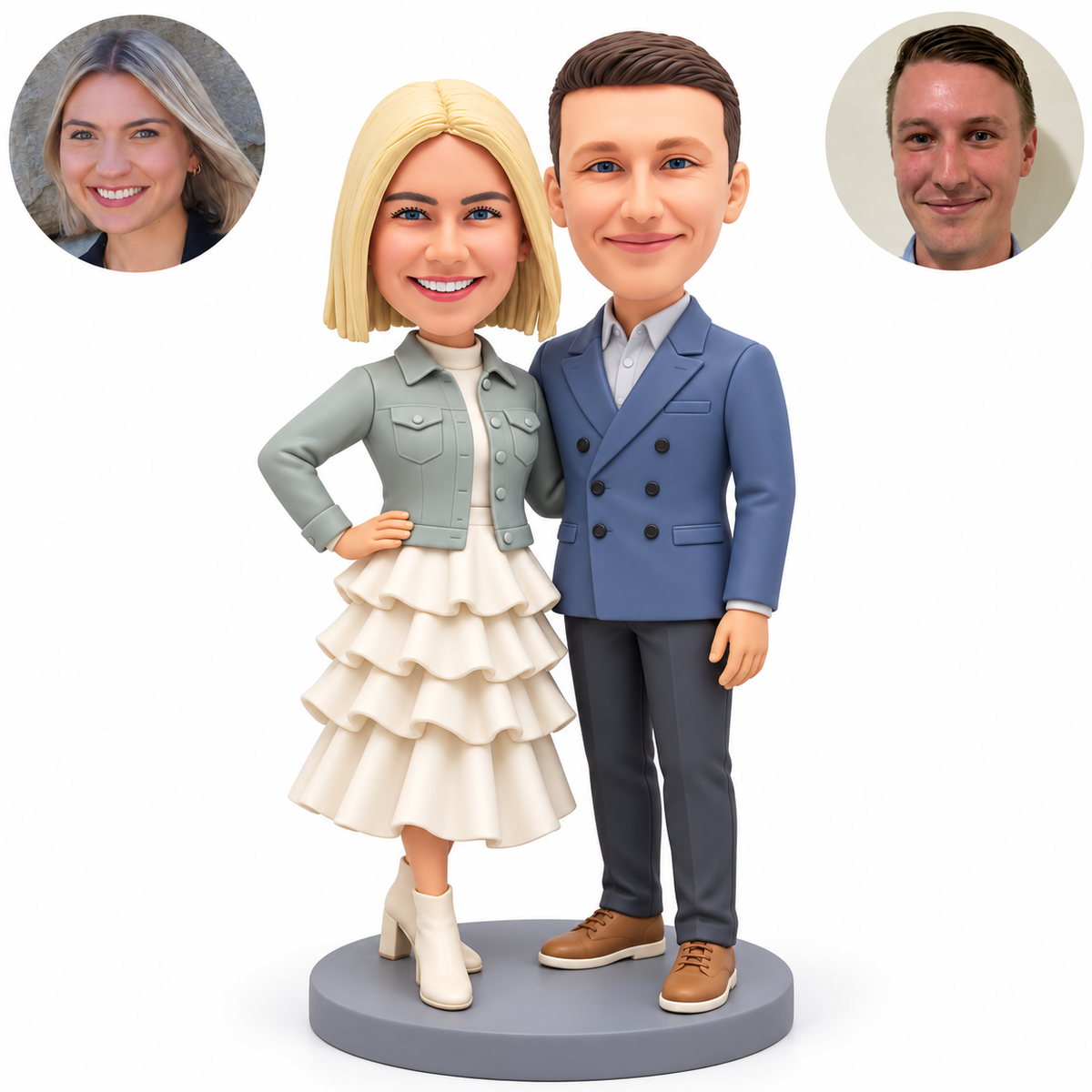 custom bobblehead figures couple with a woman in a cropped jacket and tiered midi skirt resting one hand on her hip