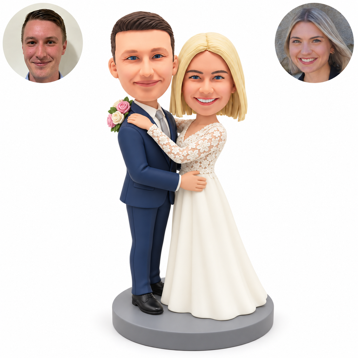 custom bobblehead figures wedding couple embracing with a shoulder bouquet and lace sleeves