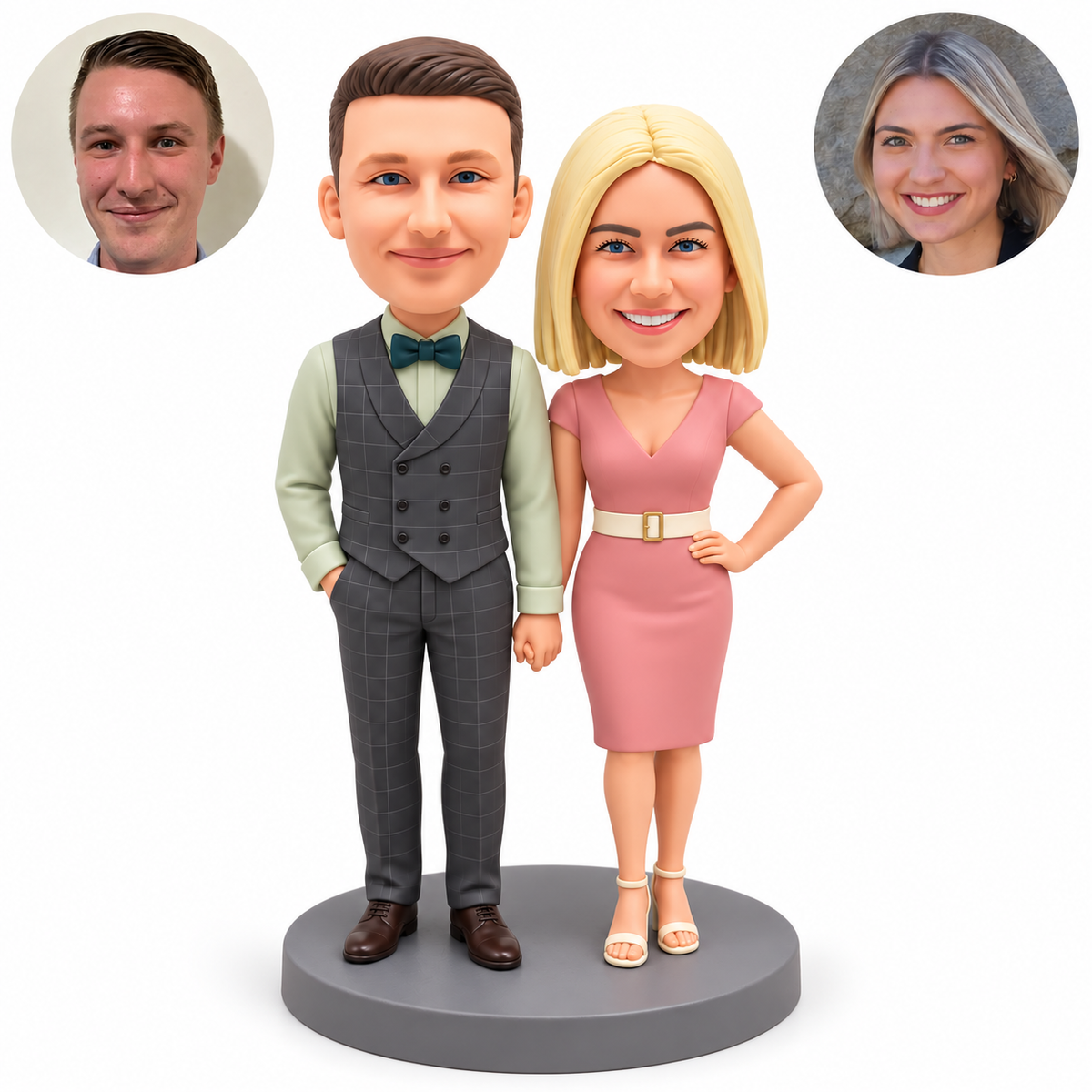 custom bobblehead figures couple holding hands in a waistcoat and belted knee length dress