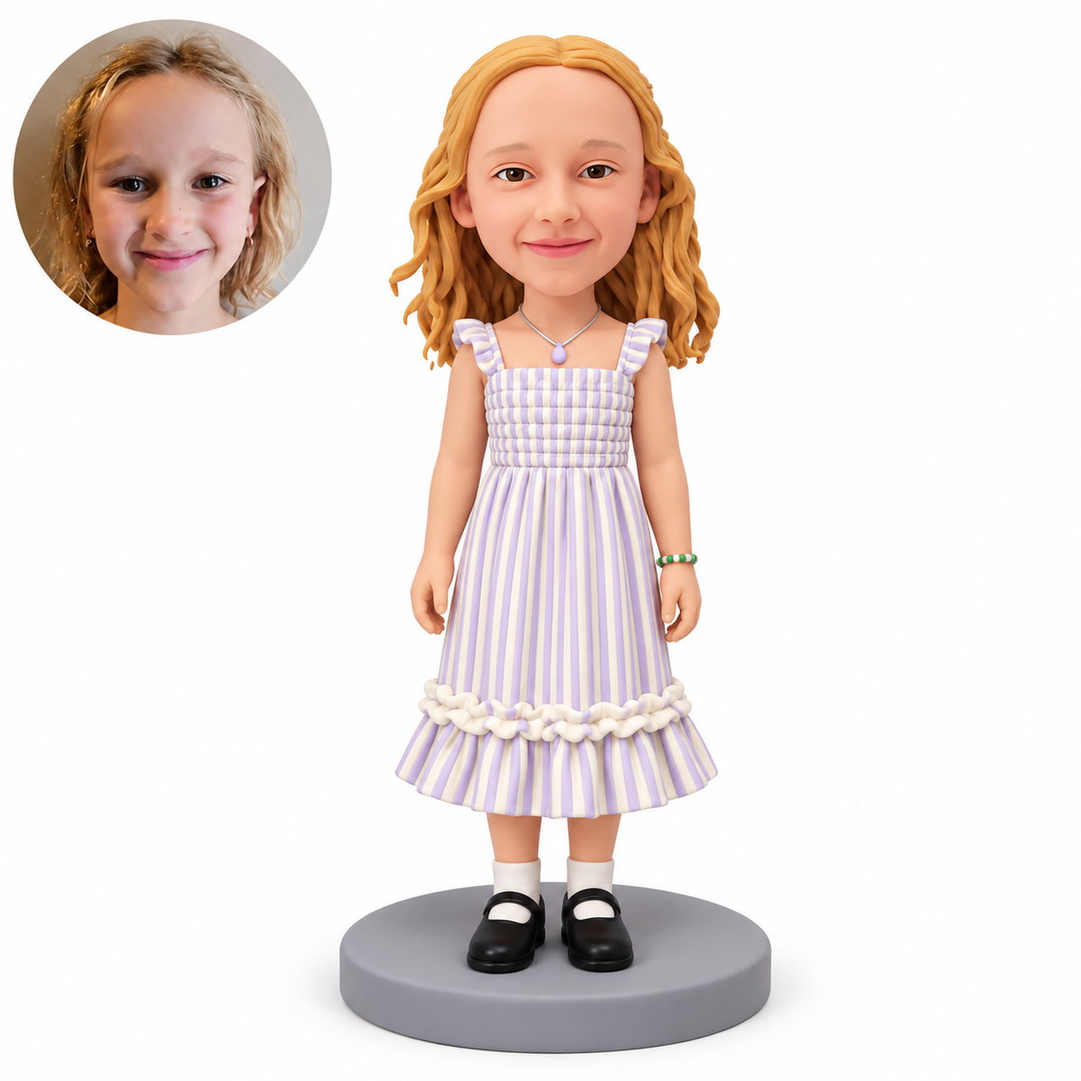custom bobblehead figure young girl in a calf length dress with ruffled shoulder straps and hem