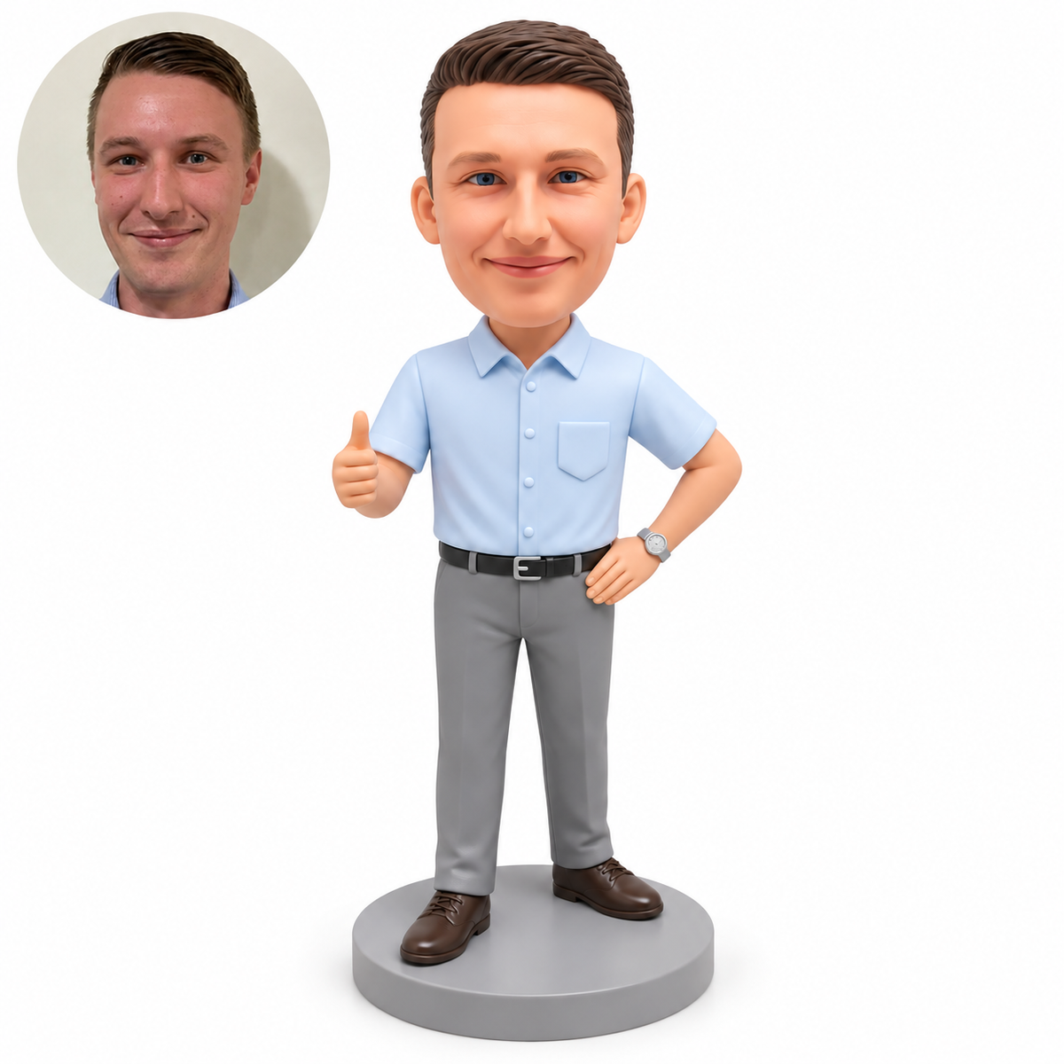 custom bobblehead figure man in a short sleeve button shirt giving a thumbs up with his other hand on his hip