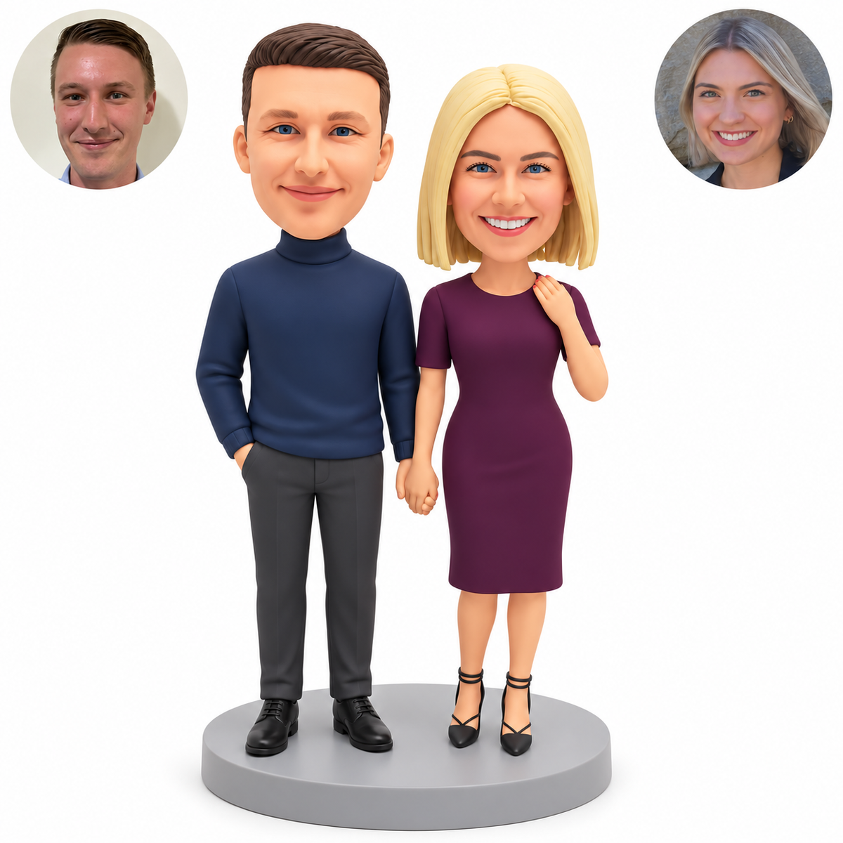 custom bobblehead figures couple holding hands with the woman raising one hand to her collar