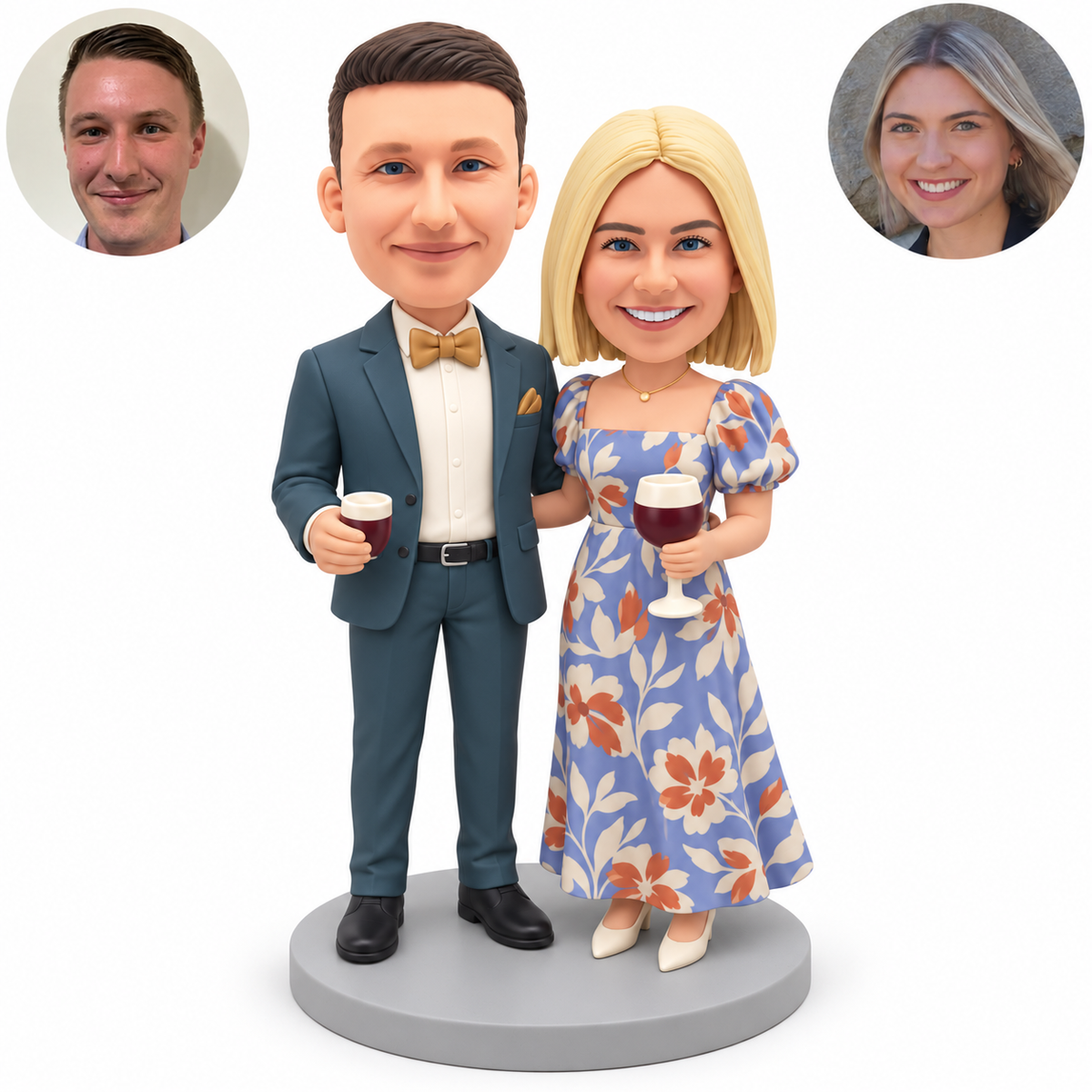 custom bobblehead figures formal couple holding a small cup and a stemmed goblet