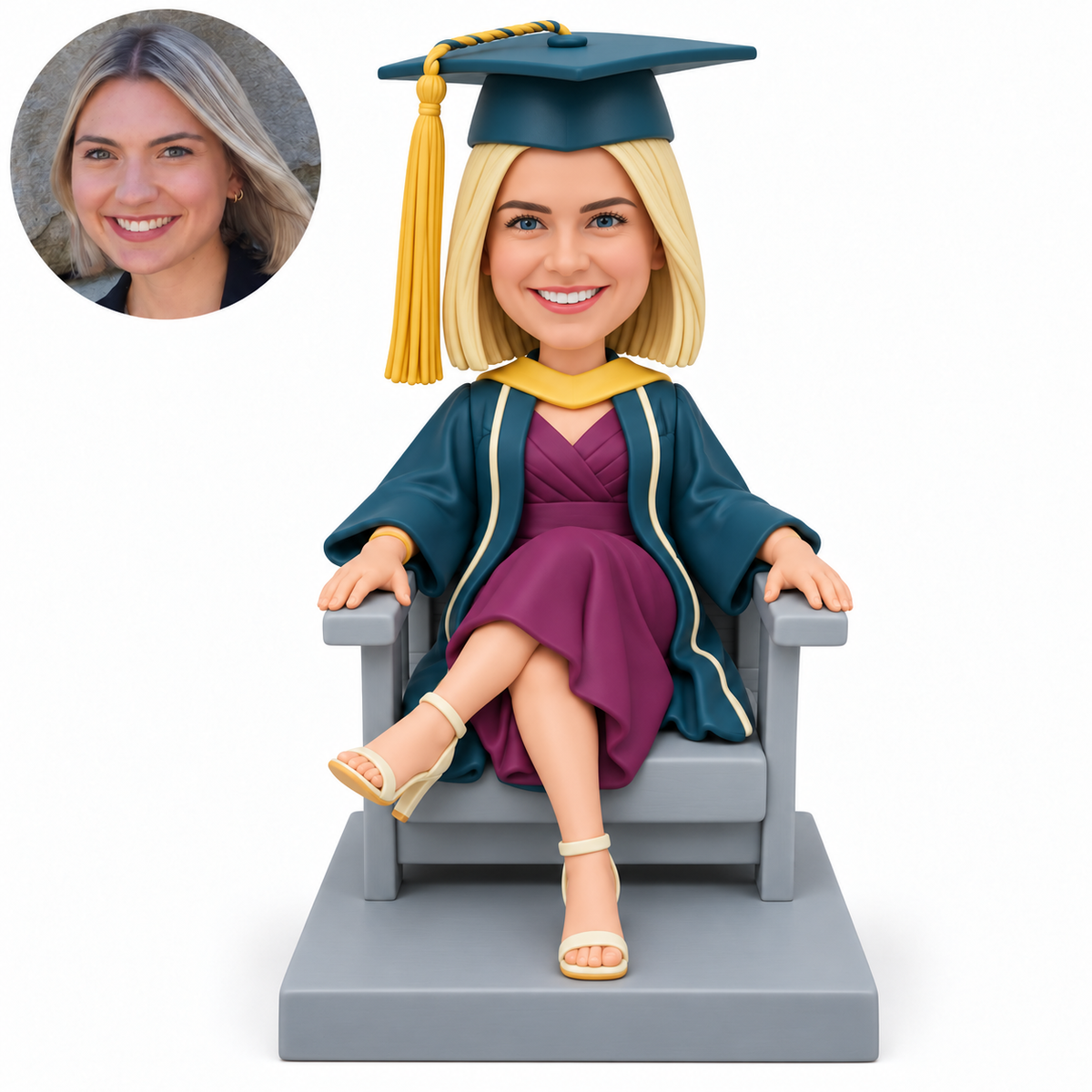 custom bobblehead figure female graduate seated in an armchair with crossed legs and hands on the armrests