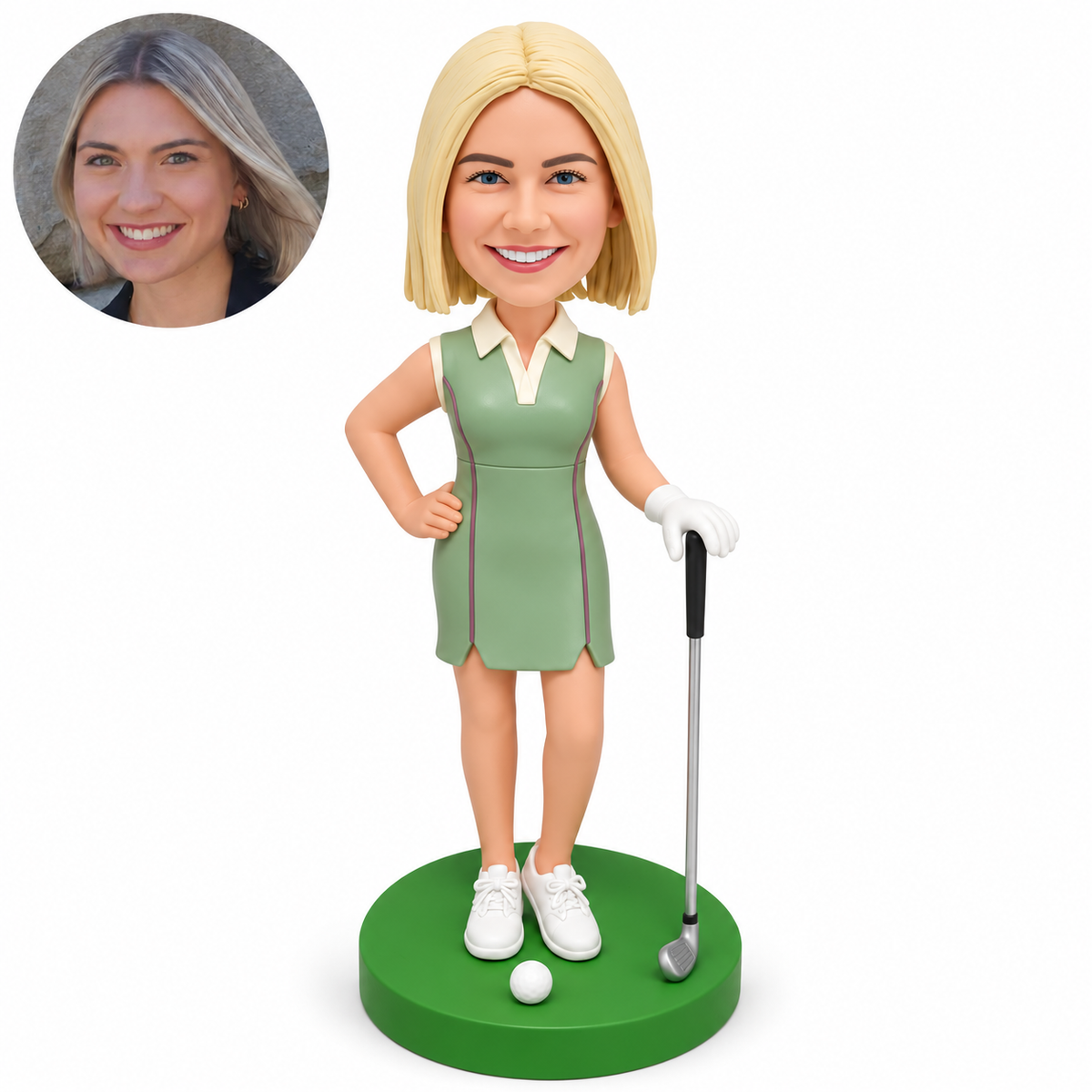 custom bobblehead figure female golfer in a sleeveless dress with one hand on her hip and one on a grounded club