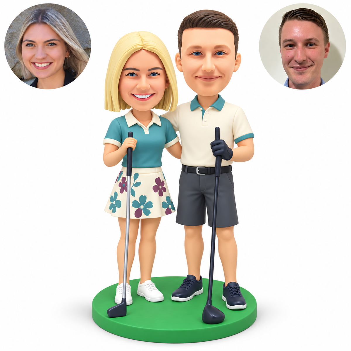 custom bobblehead figures golfing couple in a skirt and shorts embracing with two grounded clubs