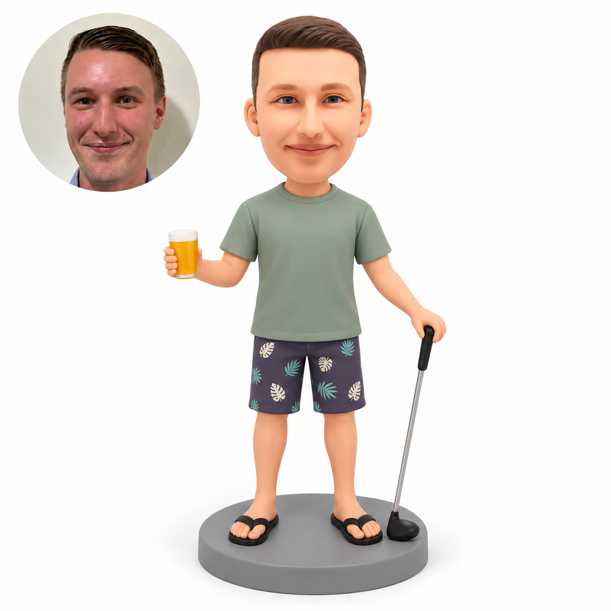 custom bobblehead figure male golfer in shorts and flip flops raising a drink with his right hand and resting his left hand on a club