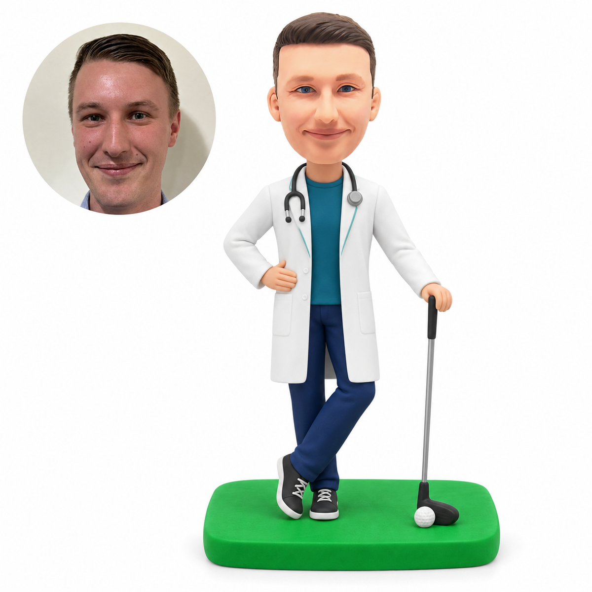 custom bobblehead figure male doctor with crossed ankles resting his left hand on a golf club and his right hand on his waist