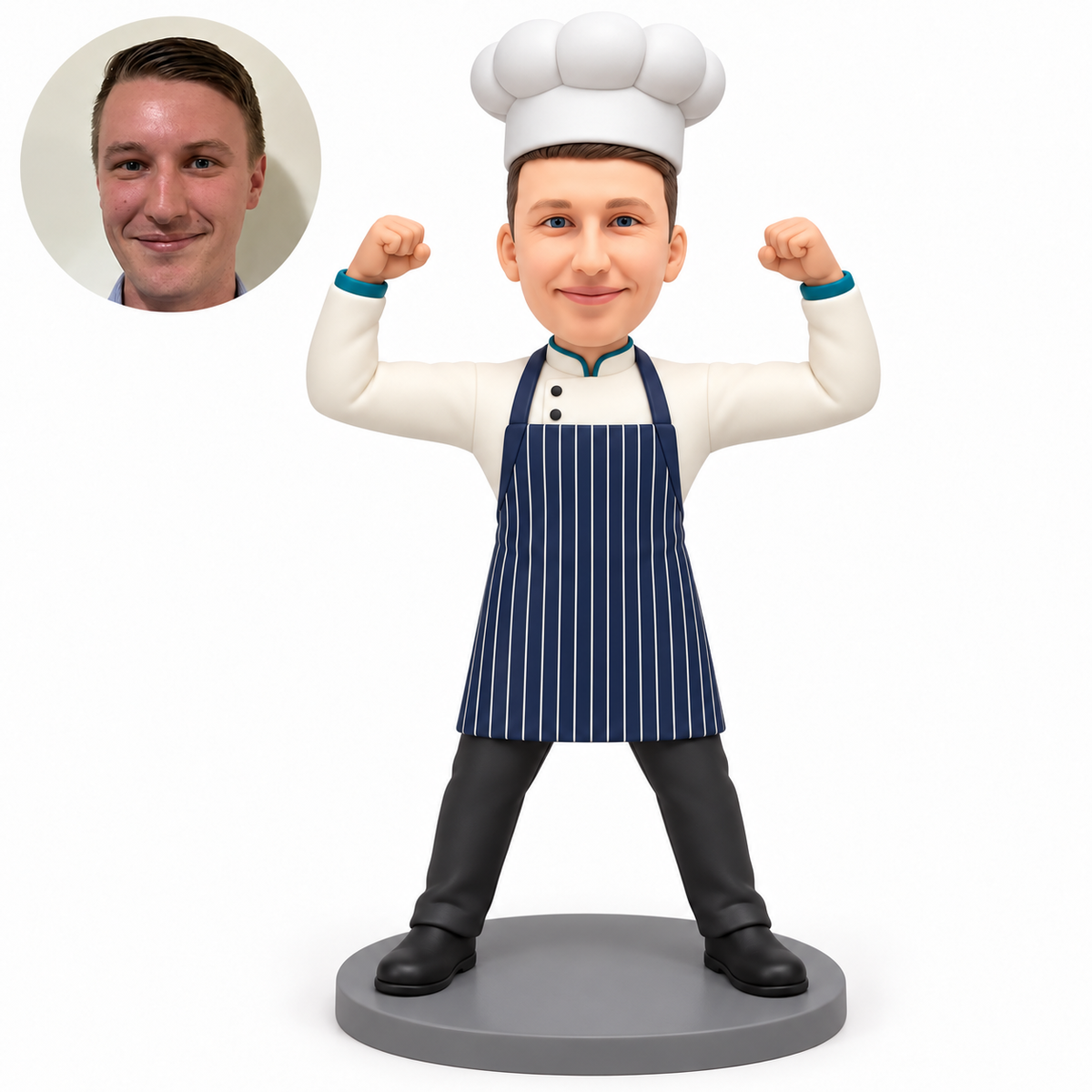 custom bobblehead figure male cook in a chef hat and striped apron flexing both raised arms