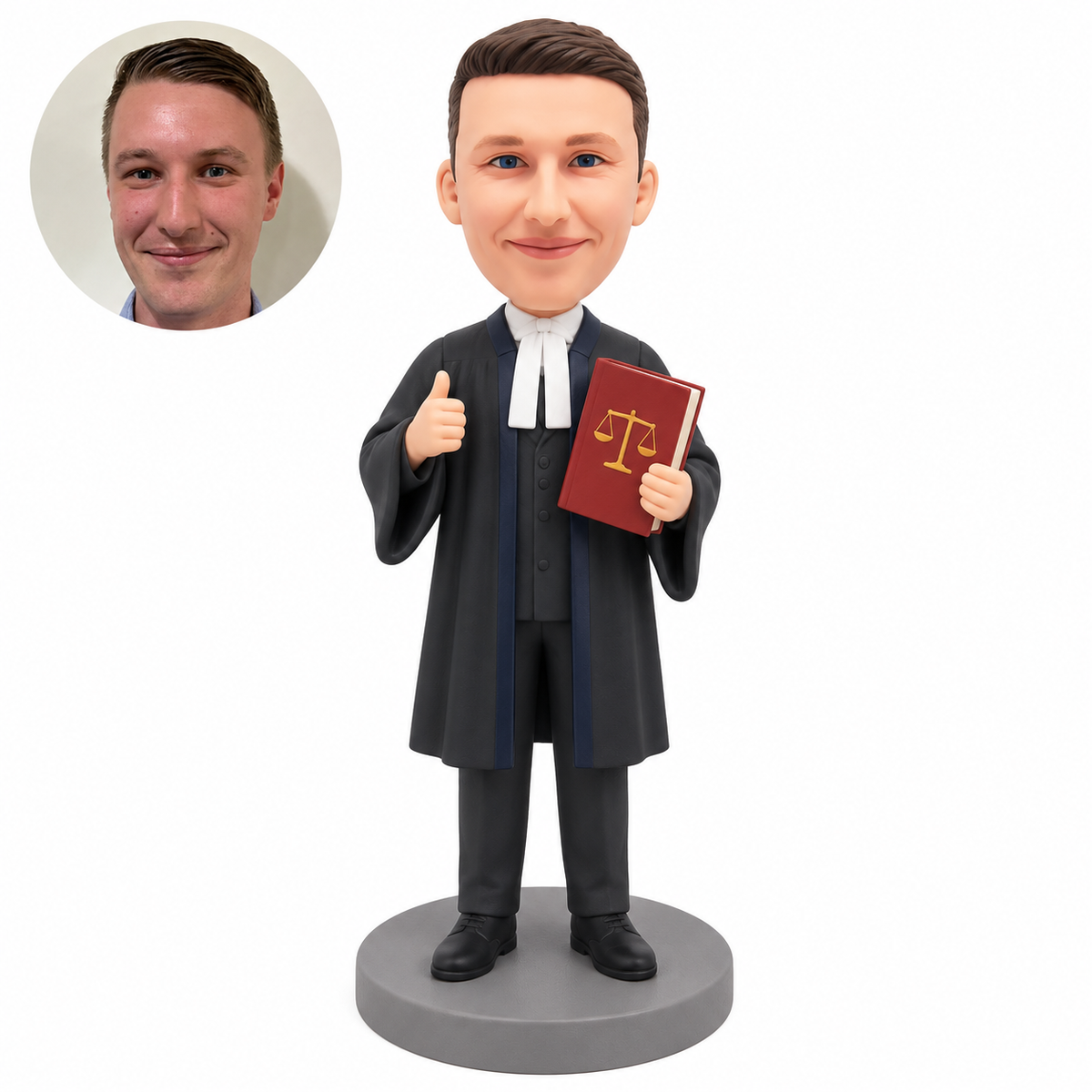 custom bobblehead figure male judge giving a right hand thumbs up and holding a closed law book in his left hand