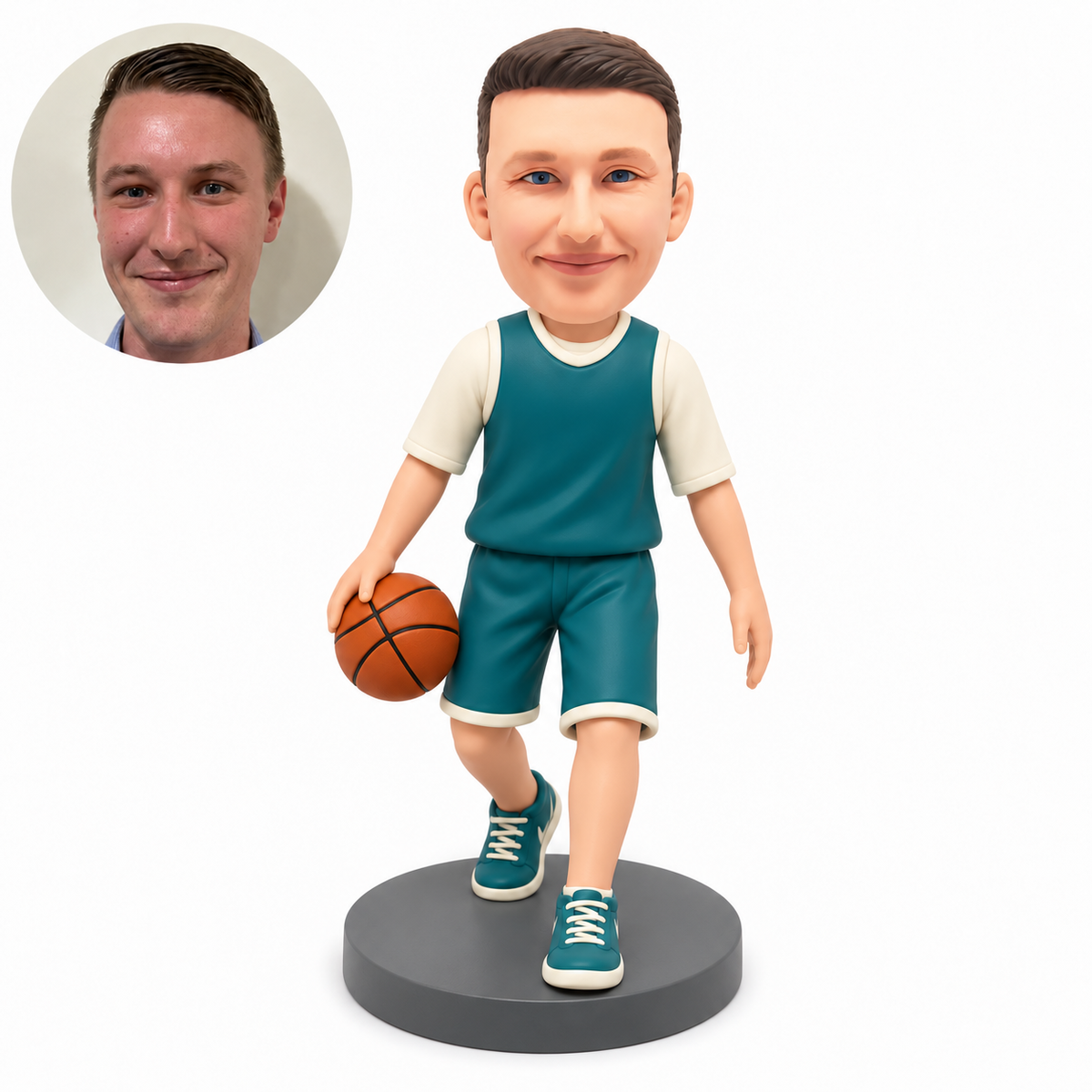 custom bobblehead figure male basketball player stepping forward with his left foot and a low ball under his right hand