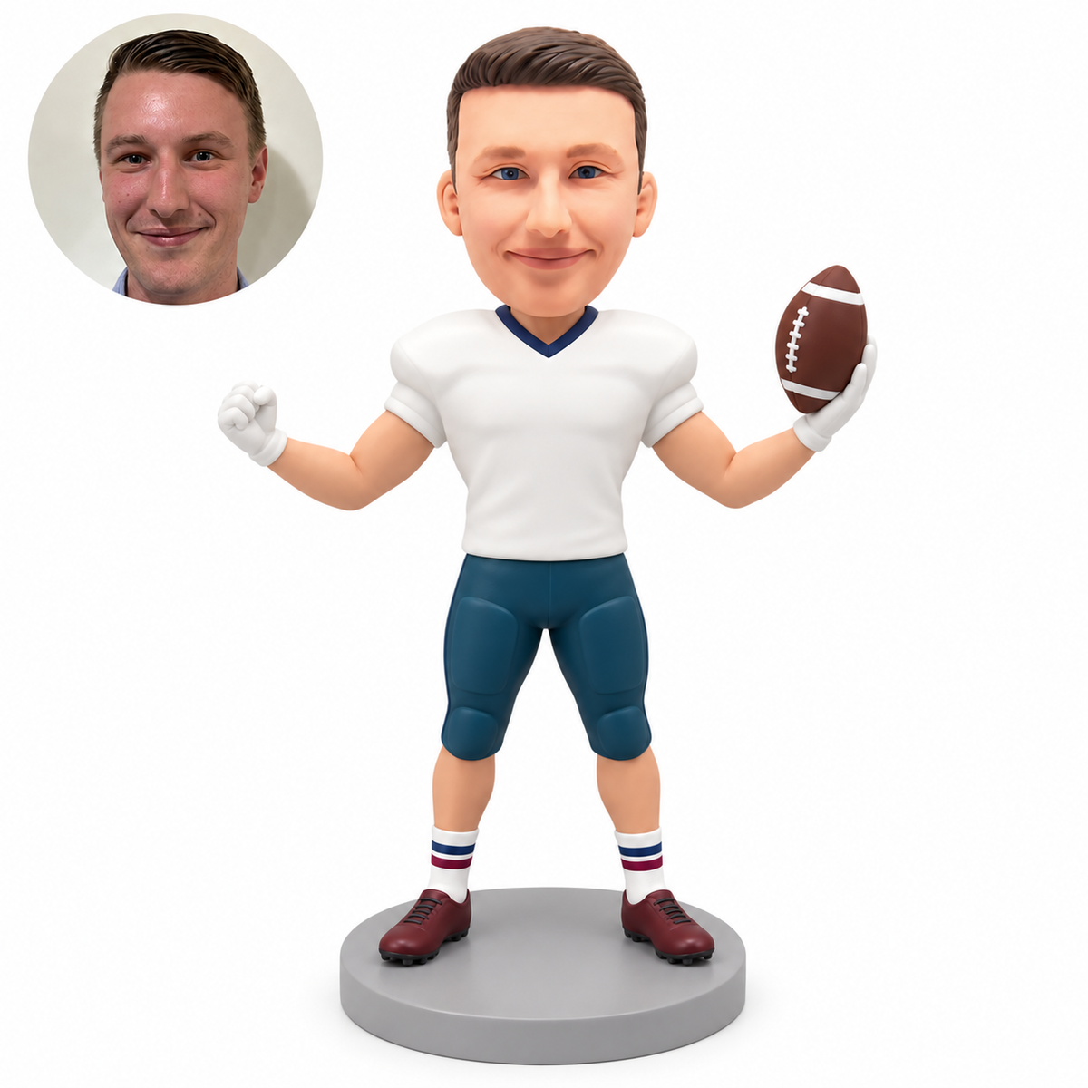 custom bobblehead figure male football player holding a ball out in his left hand and raising his right fist