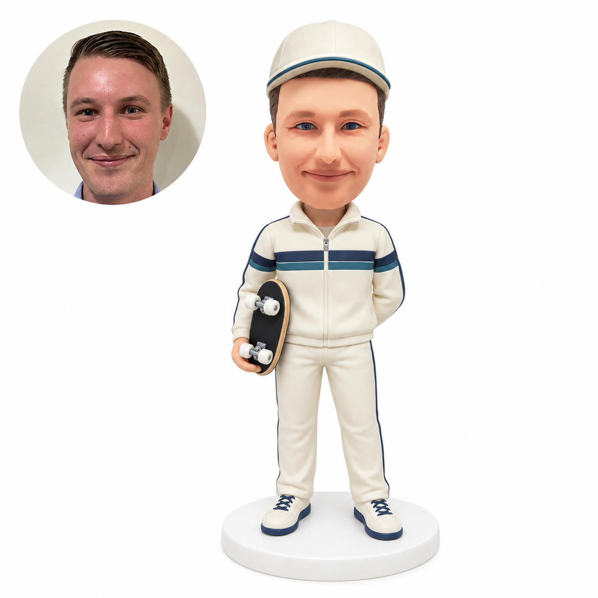 custom bobblehead figure male athlete in a tracksuit holding a skateboard at his right hip with his left hand behind his back