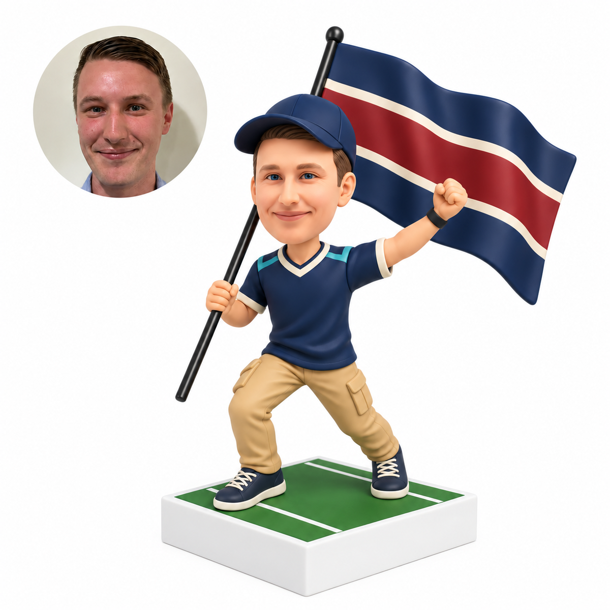 custom bobblehead figure male football fan holding a tall flag in his right hand and raising his left fist in a wide stance