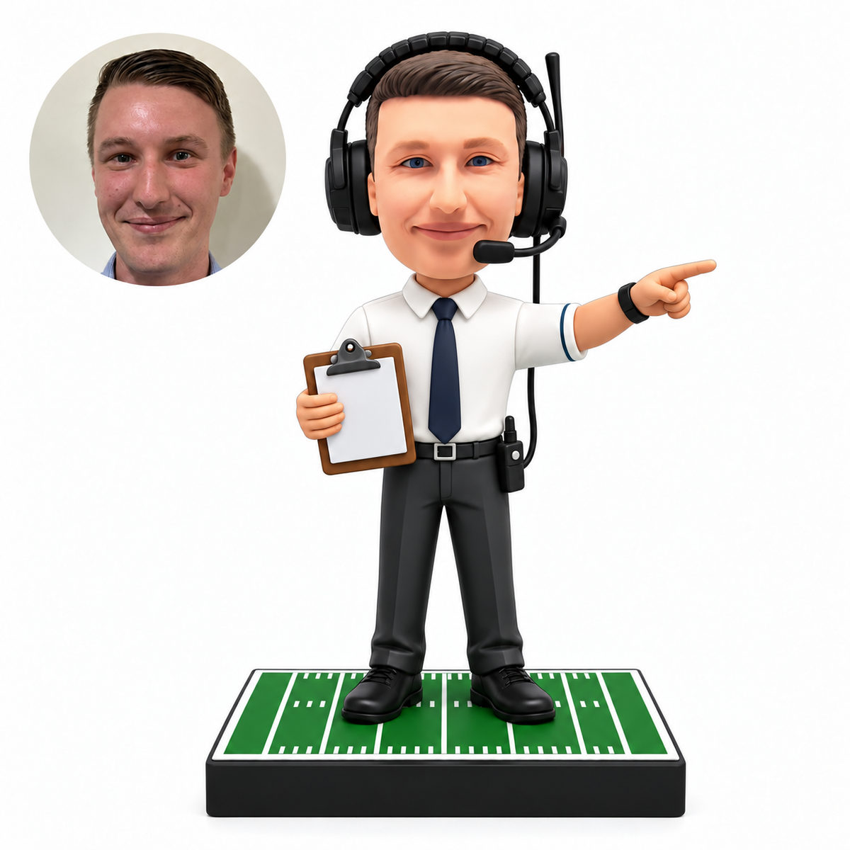 custom bobblehead figure male football coach holding a clipboard in his right hand and pointing out with his left hand