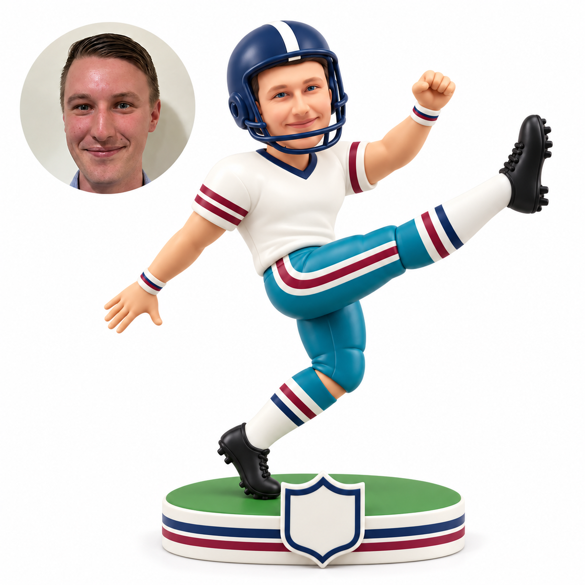 custom bobblehead figure male football kicker raising his left leg high with his left fist up and right palm lowered