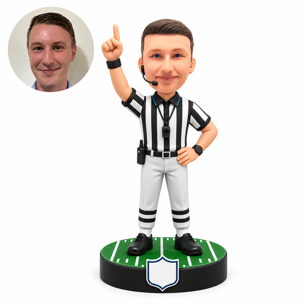 custom bobblehead figure male football referee raising his right index finger with his left hand on his hip