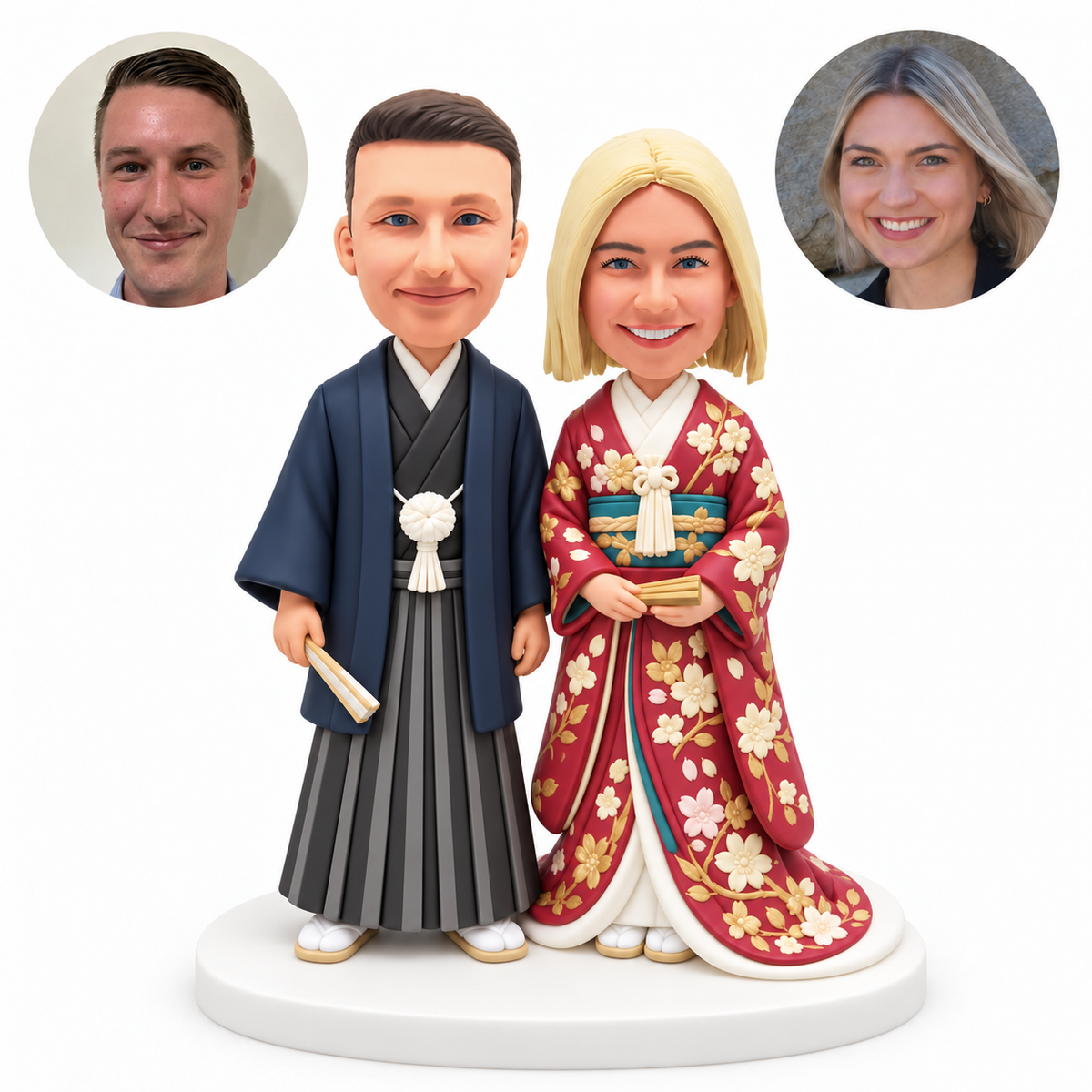 custom bobblehead figures Japanese kimono couple with the man holding a folded fan down and the woman holding a folded fan at her waist