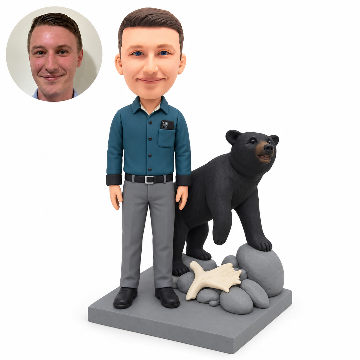 custom bobblehead figure man standing beside a black bear with one paw on rocks and a bone prop