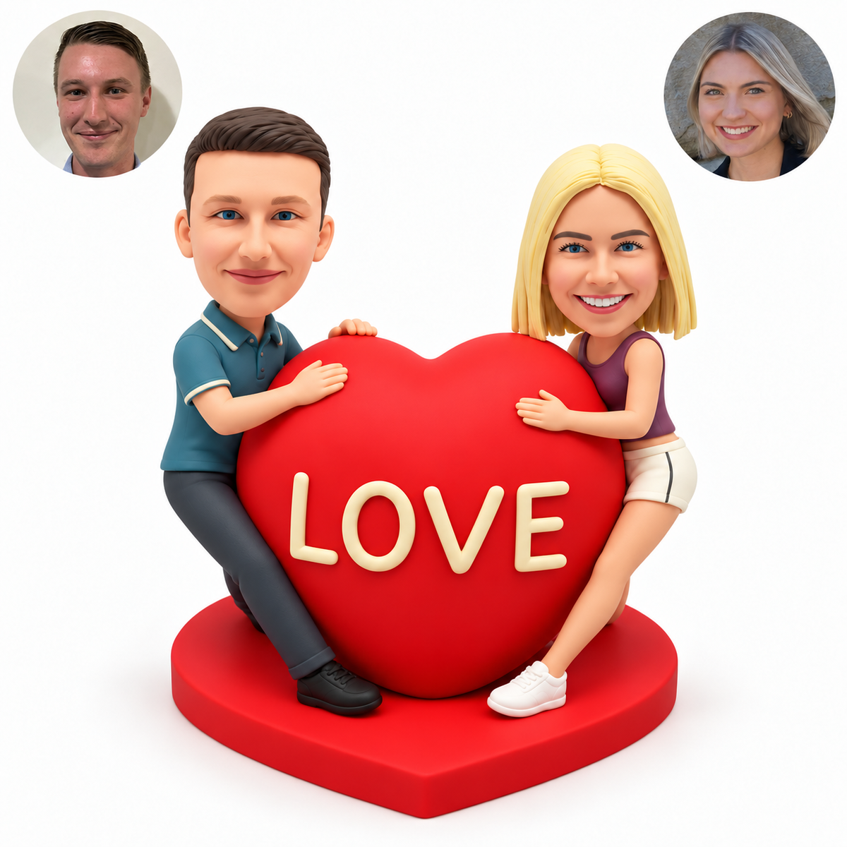 custom bobblehead figures couple leaning against opposite sides of a giant love heart
