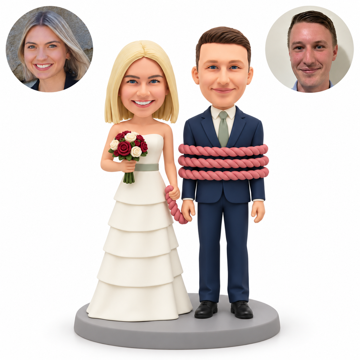 custom bobblehead figures wedding couple with three rope loops around the groom and the bride holding a bouquet and rope end