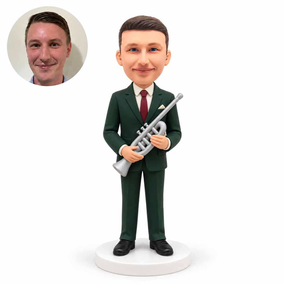 custom bobblehead figure male musician in a suit cradling a silver wind instrument diagonally with both hands