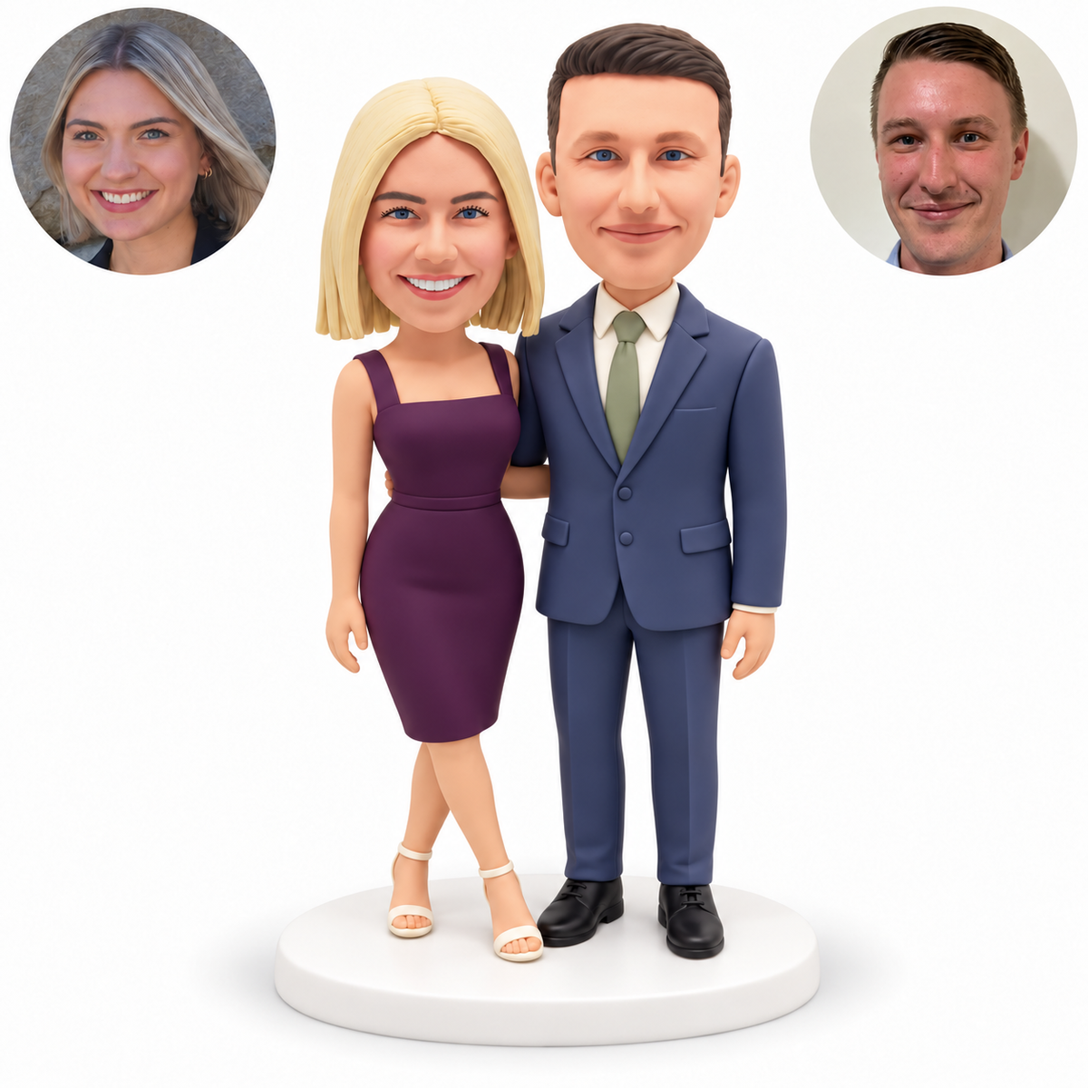 custom bobblehead figures formal couple in a waist embrace with her legs crossed and both outer arms lowered