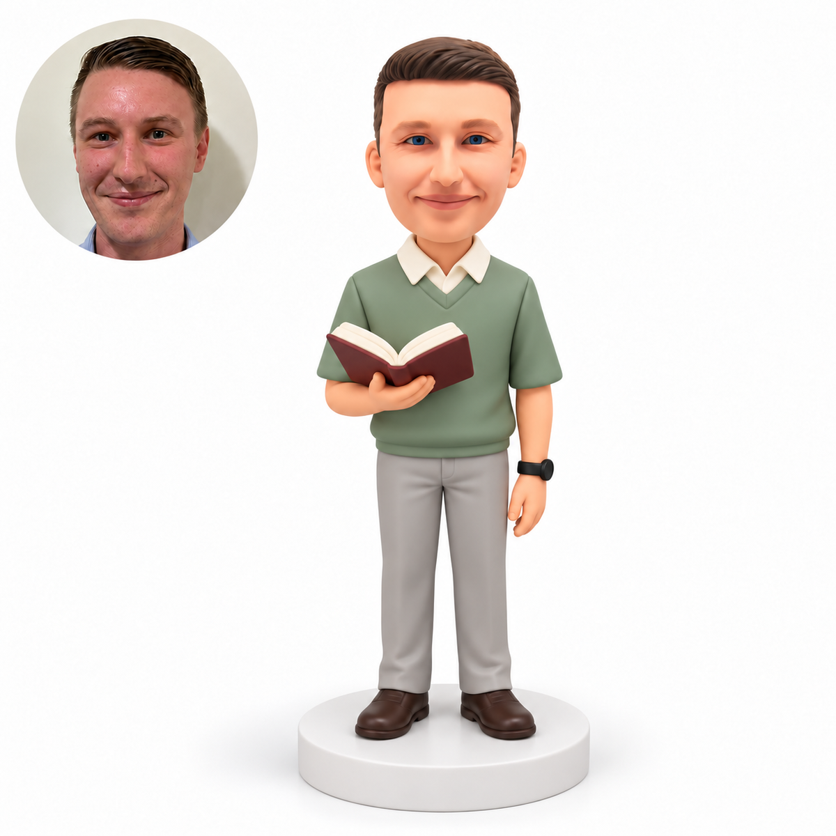 custom bobblehead figure male teacher supporting an open book in his right hand with his left arm lowered