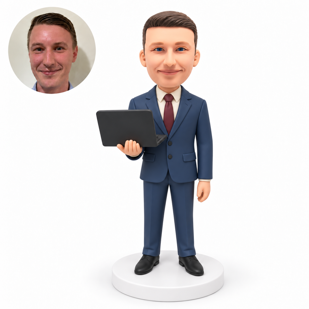 custom bobblehead figure male software engineer in a suit supporting an open laptop in his right hand with his left arm lowered