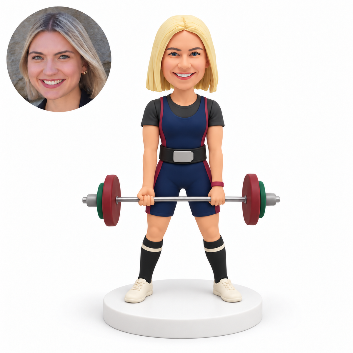 custom bobblehead figure female weightlifter in a short sleeve top and shorts holding a barbell low with straight arms