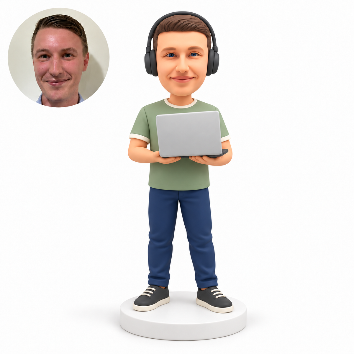 custom bobblehead figure male software engineer wearing headphones and supporting an open laptop with both hands