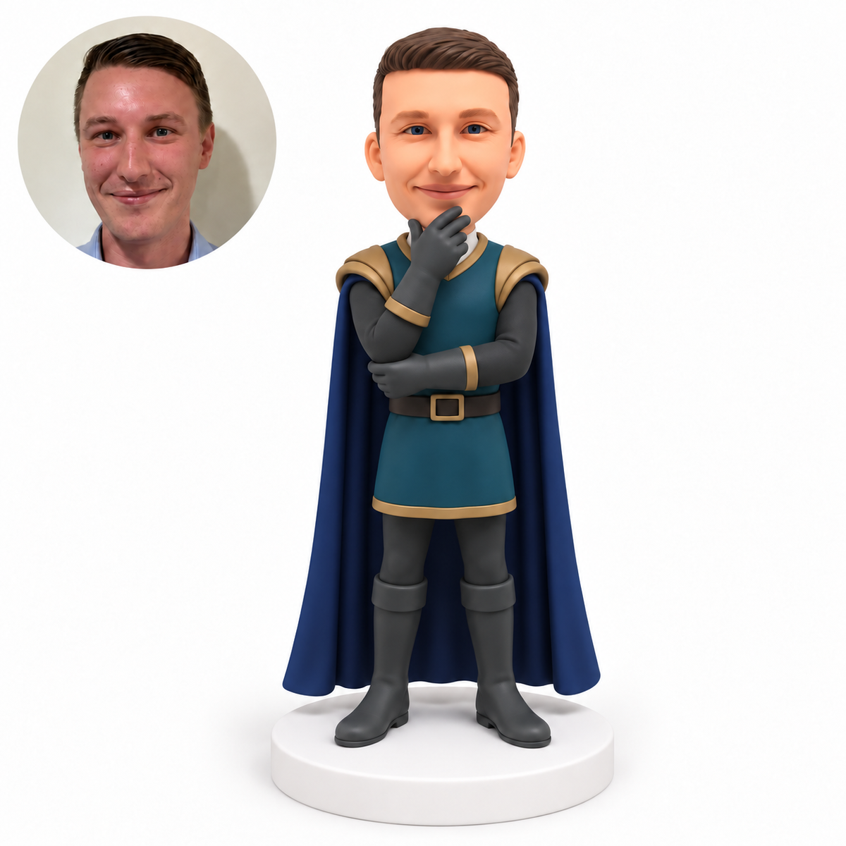 custom bobblehead figure male royal character in a cape and tunic resting his right hand at his chin
