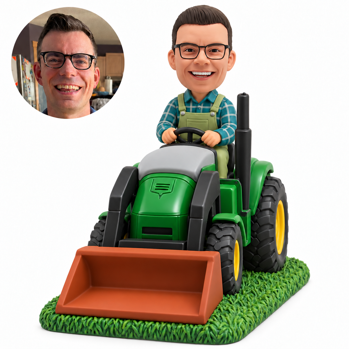 custom bobblehead figure farmer driving a tractor with a front loader bucket