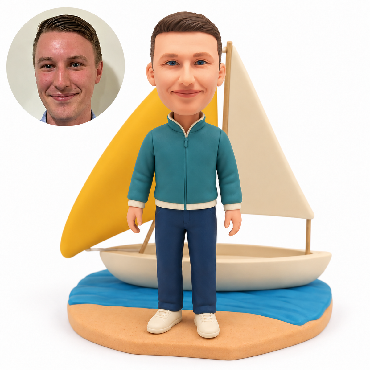 custom bobblehead figure man standing on a beach in front of a sailboat