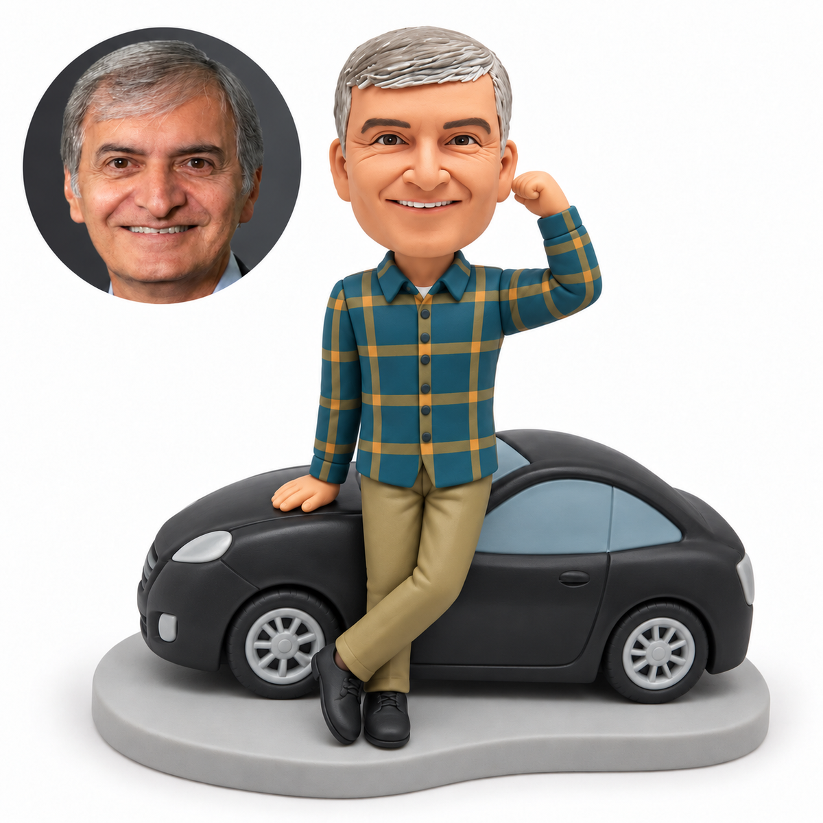 custom bobblehead figure man leaning against a coupe with crossed ankles and one arm raised