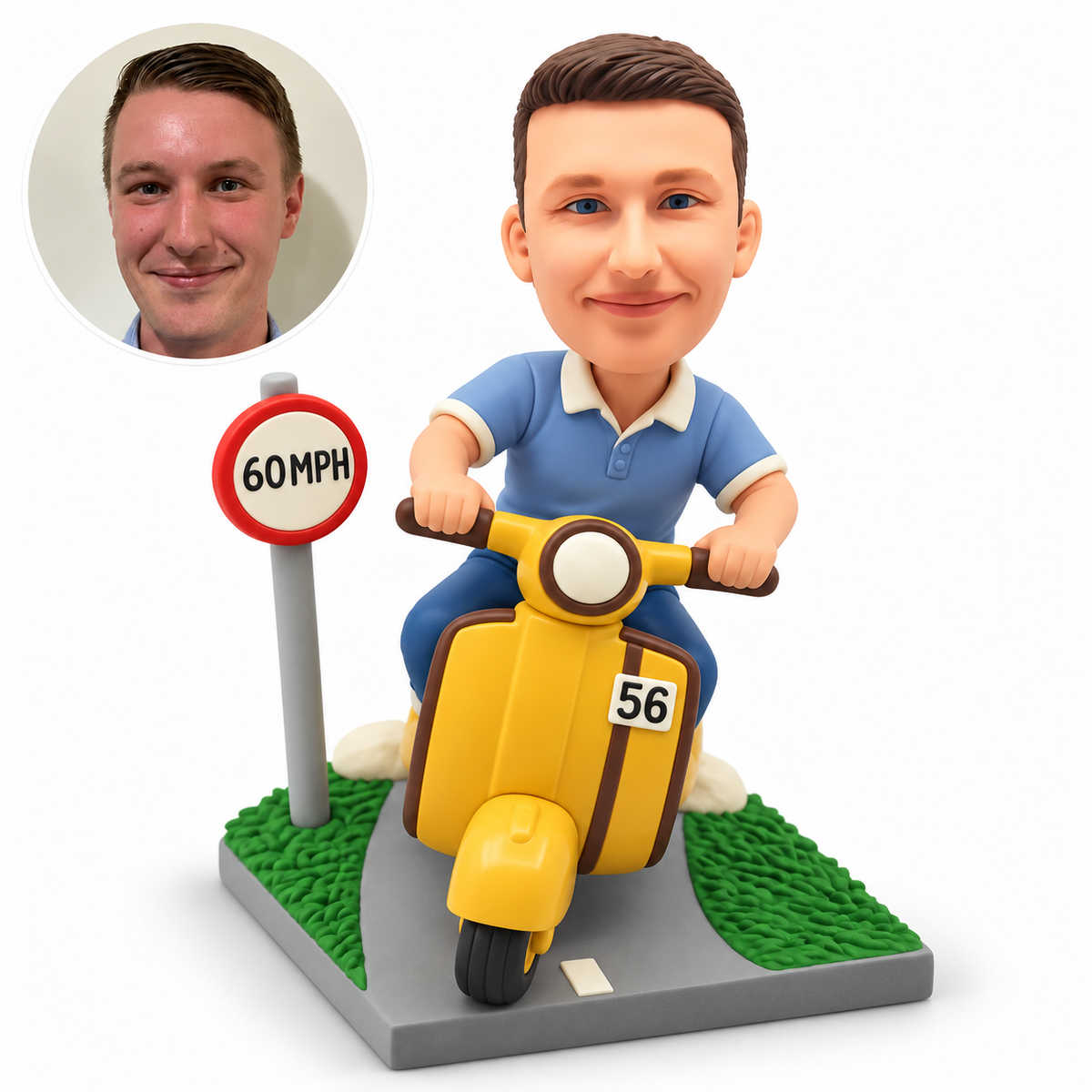 custom bobblehead figure man riding a scooter beside a 60 MPH road sign