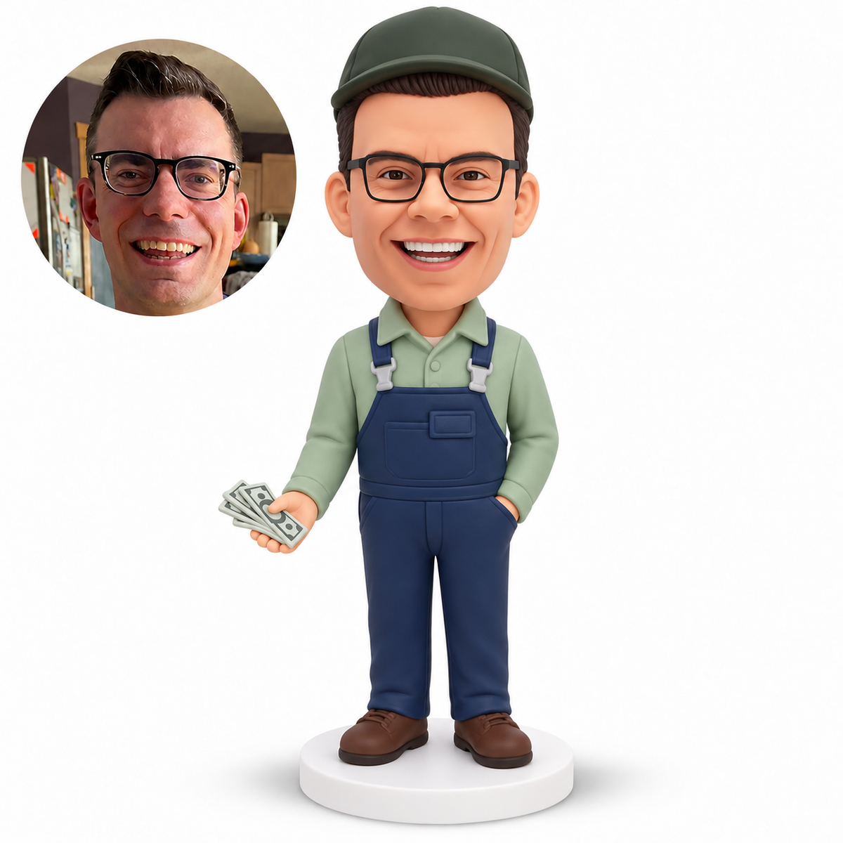 custom bobblehead figure male worker in bib overalls holding banknotes with one hand in his pocket