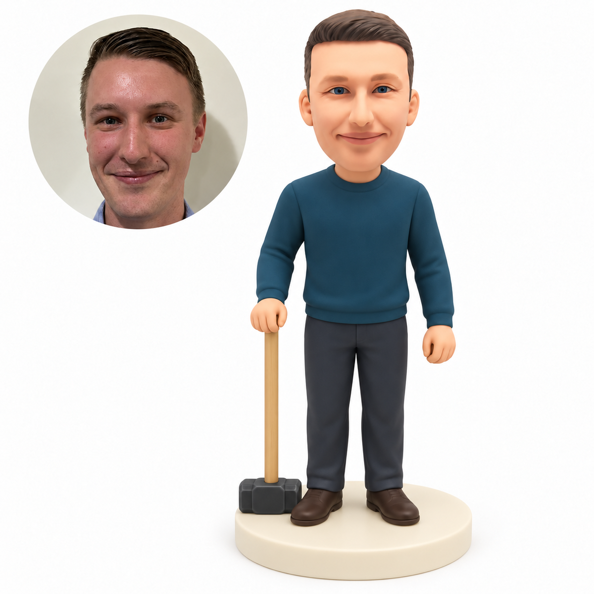 custom bobblehead figure man holding a grounded sledgehammer with his other arm lowered
