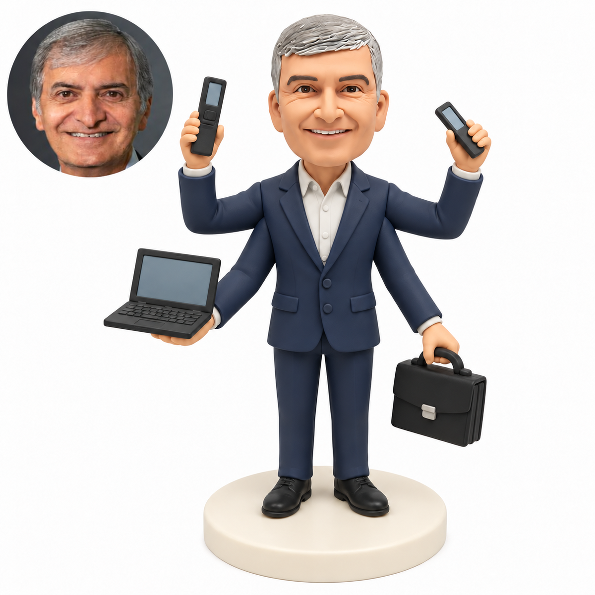 custom bobblehead figure four armed businessman with a laptop briefcase and two handheld devices
