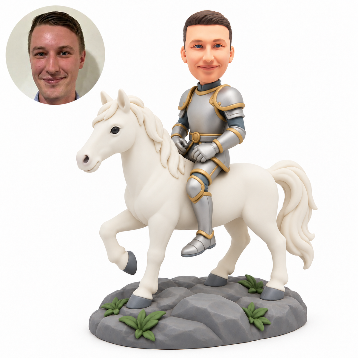 custom bobblehead figure male knight in armor riding a horse with one front leg raised