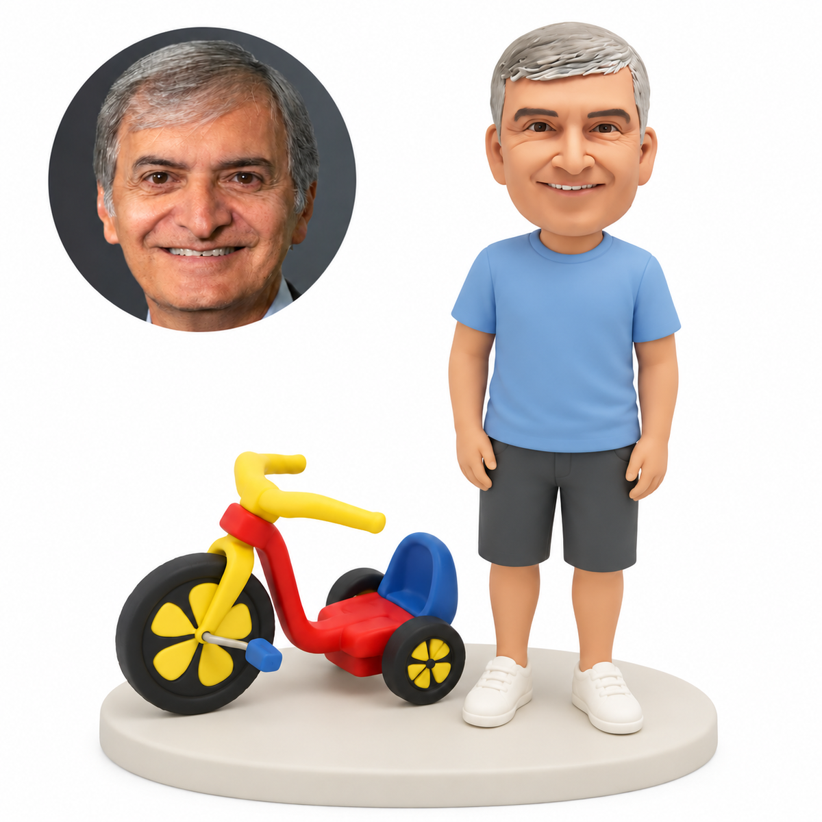 custom bobblehead figure man in a T shirt and shorts standing beside a child's tricycle