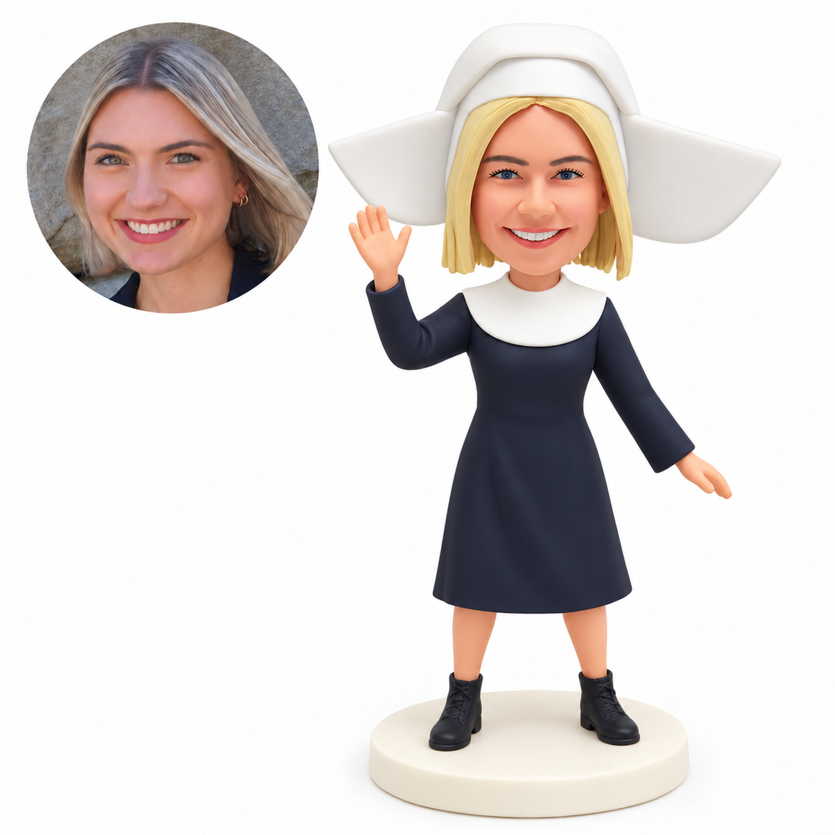 custom bobblehead figure nun in a knee length habit waving with her other arm lowered