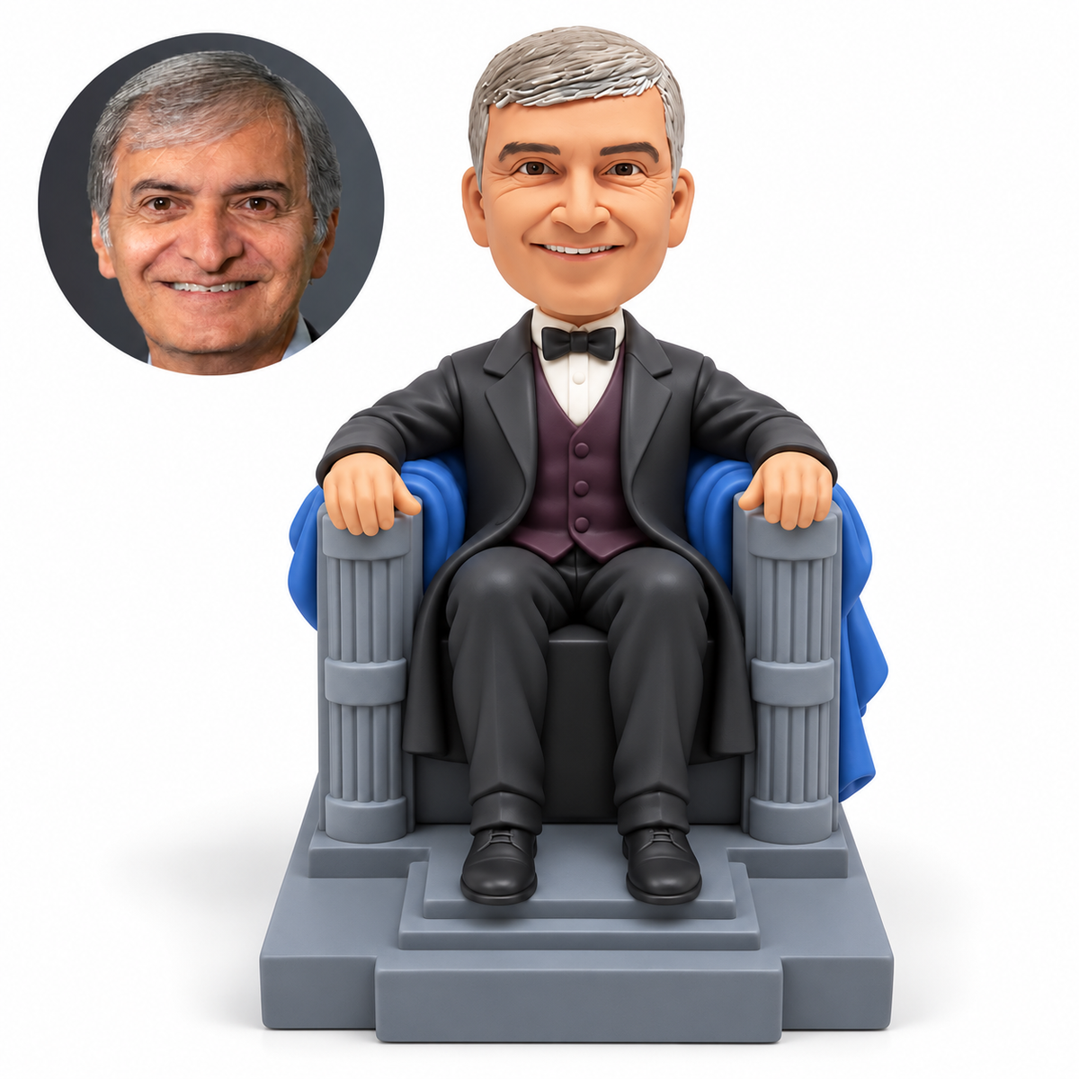 custom bobblehead figure man in a formal coat seated in a classical chair with column armrests