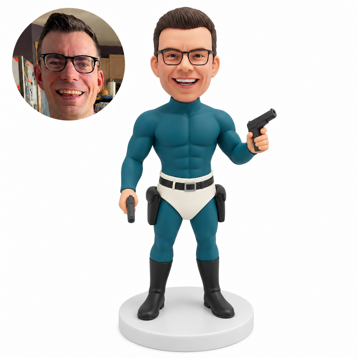 custom bobblehead figure male superhero in a bodysuit holding one prop pistol up and the other down